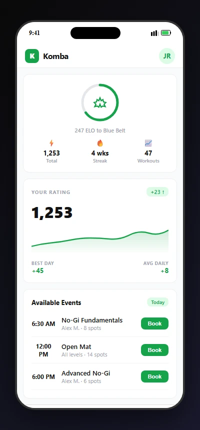Komba app showing ELO rating and belt progress